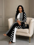 Zipper Split-Joint Polka-Dot Contrast Color Long Sleeves High Waisted Round-neck Jumpsuits