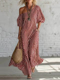 Loose Plus Size Pockets Striped One-Shoulder Maxi Dresses