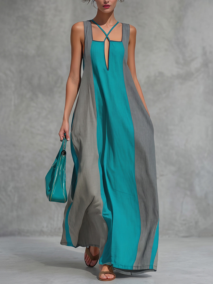 Split-Joint Pockets Contrast Color Backless Sleeveless Loose Square-Neck Maxi Dresses