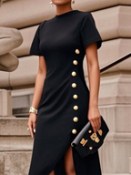 High-low Short Sleeves Buttoned Solid Color Round-neck Maxi Dresses