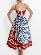 Elasticated Waist High Waisted Contrast Color Pleated Printed Split-Joint Spaghetti-Neck Midi Dresses