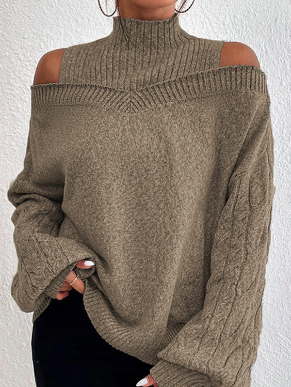 Long Sleeves Loose Hollow Solid Color Split-Joint Cold Shoulder Pullovers Sweater Tops
