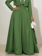 Elasticated Waist High Waisted Big Hemline Pleated Pockets Solid Color Zipper Wide Leg Pants