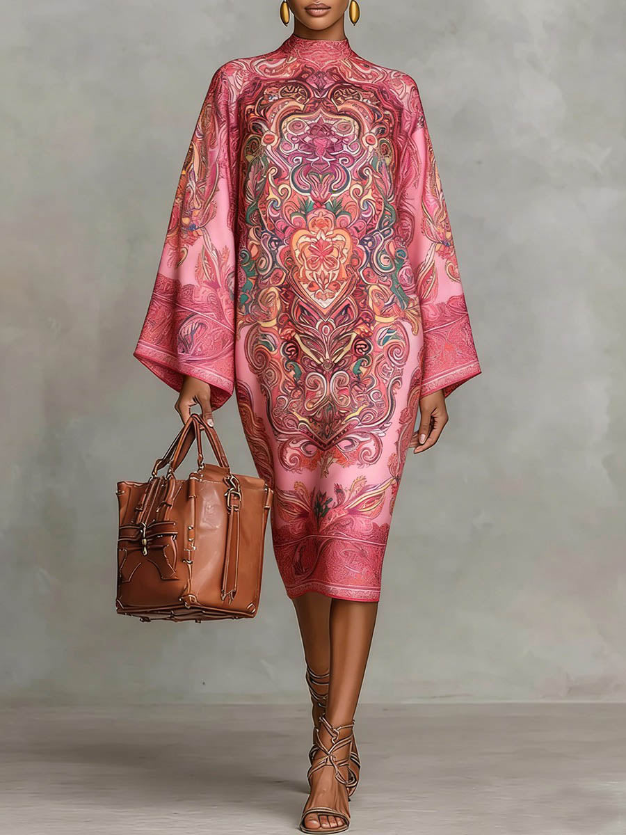Long Sleeves Loose Contrast Color Printed Mock Neck Midi Dresses