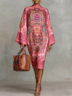 Long Sleeves Loose Contrast Color Printed Mock Neck Midi Dresses