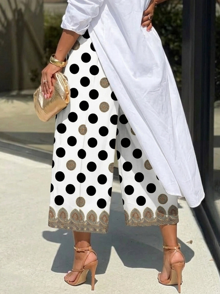 Printed Polka-Dot Pockets Elasticity Contrast Color Wide Leg High Waisted Ninth Pants