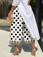 Printed Polka-Dot Pockets Elasticity Contrast Color Wide Leg High Waisted Ninth Pants