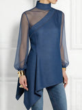 Long Sleeves Puff Sleeves Asymmetric Mesh Split-Joint Mock Neck Blouses&Shirts Tops