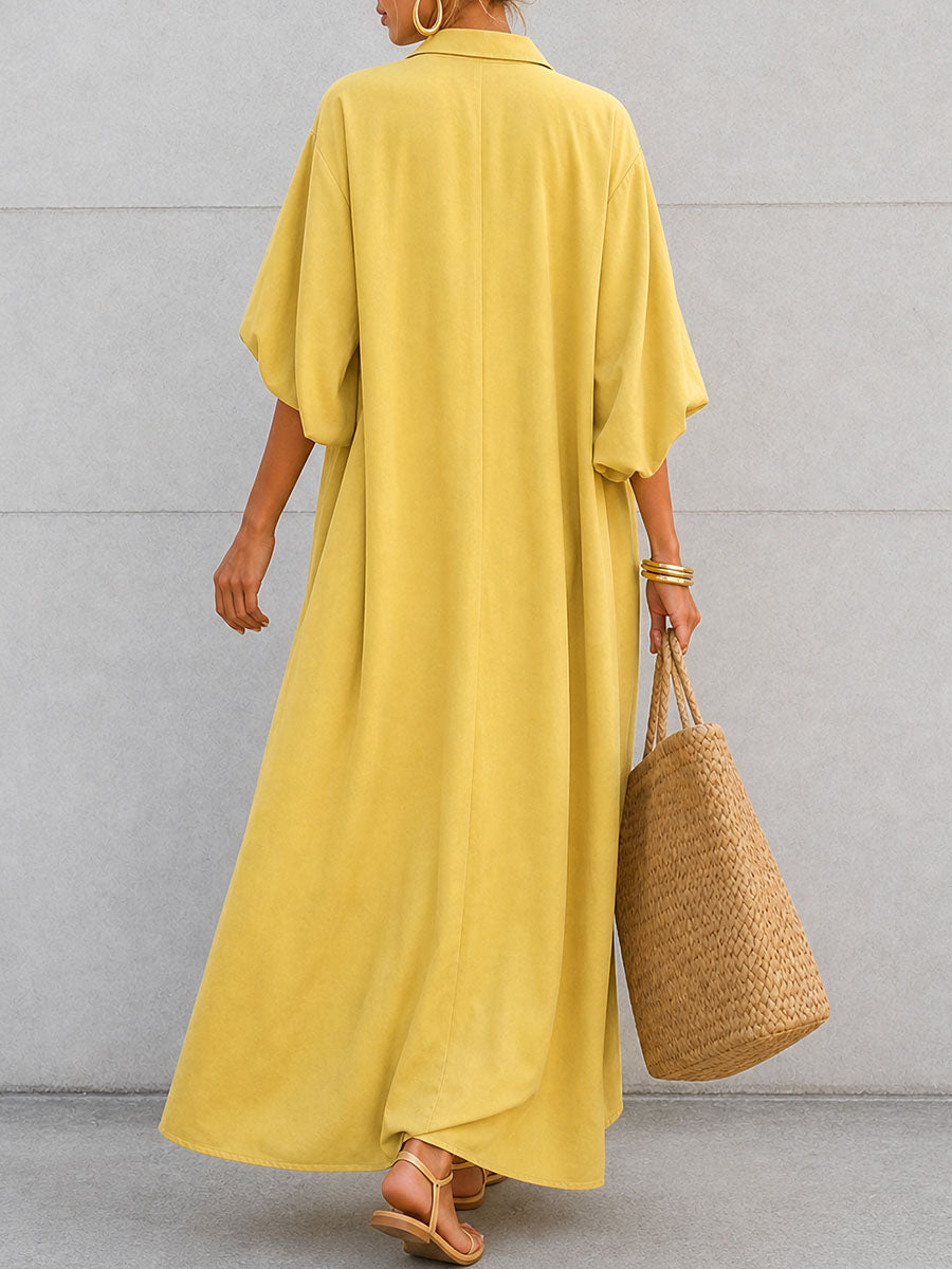 Solid Color Pockets Buttoned Puff Sleeves Half Sleeves Lapel Shirt Dress Maxi Dresses