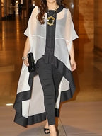 Batwing Sleeves High-low Gauze See-Through Split-Joint Round-neck Blouses&shirts Tops
