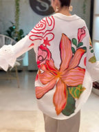 Flared Sleeves High-Low Buttoned Contrast Color Flower Print Lapel Blouses&Shirts Tops