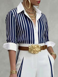 Long Sleeves Buttoned Contrast Color Striped Lapel Blouses&Shirts Tops