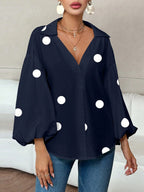 Long Sleeves Loose Contrast Color Pleated Polka Dot Split-Joint Lapel Blouses&Shirts Tops