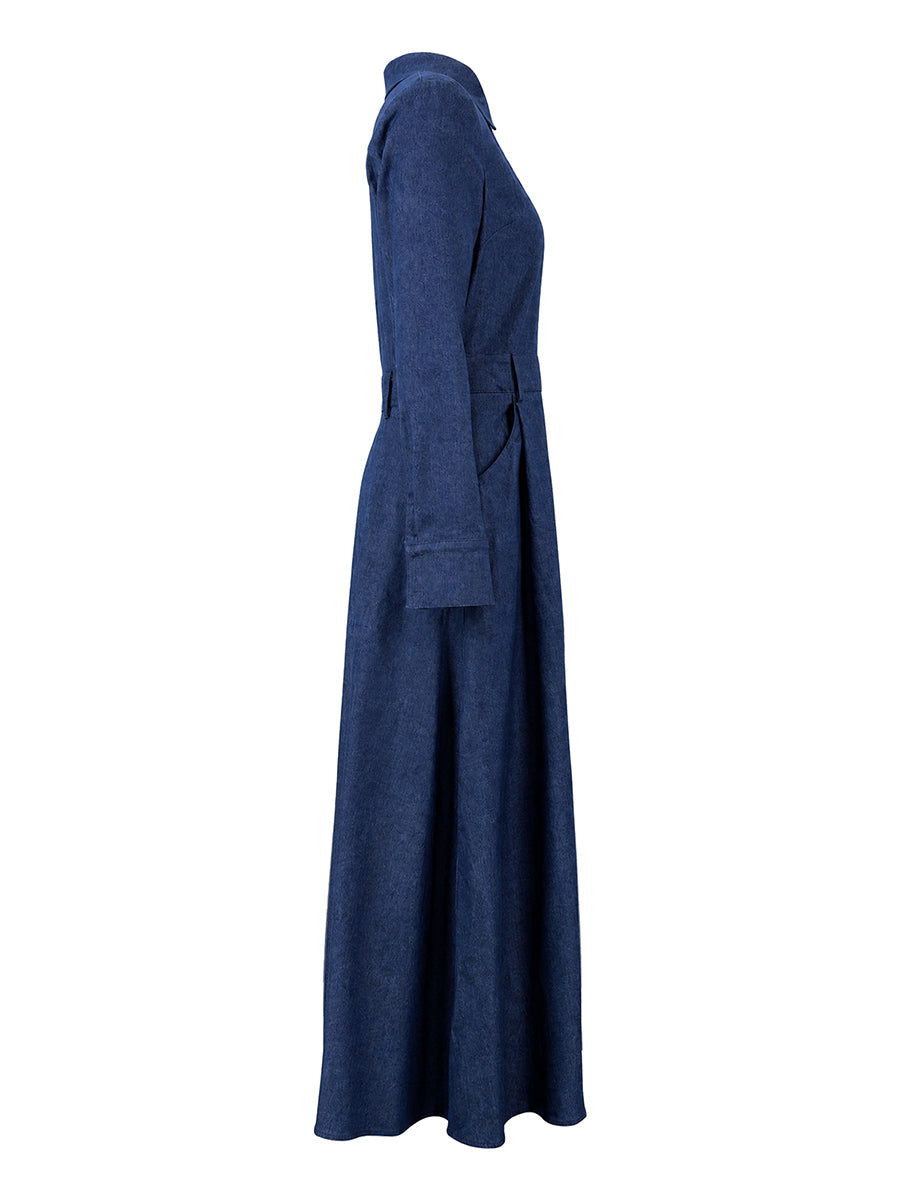 Split-Joint Solid Color Pockets Buttoned Long Sleeves High Waisted Lapel Maxi Dresses