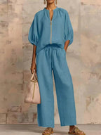 Half Sleeves Loose Drawstring Elasticity Pockets Solid Color Zipper Round-Neck Blouses&Shirts Tops Pants Trousers Two Pieces Set