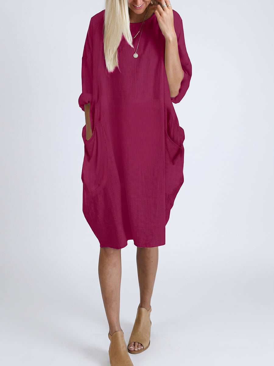 Long Sleeves Loose Pockets Solid Color Round-Neck Mini Dresses