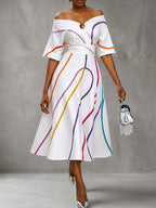 Half Sleeves High Waisted Elasticity Printed Off-The-Shoulder Midi Dresses