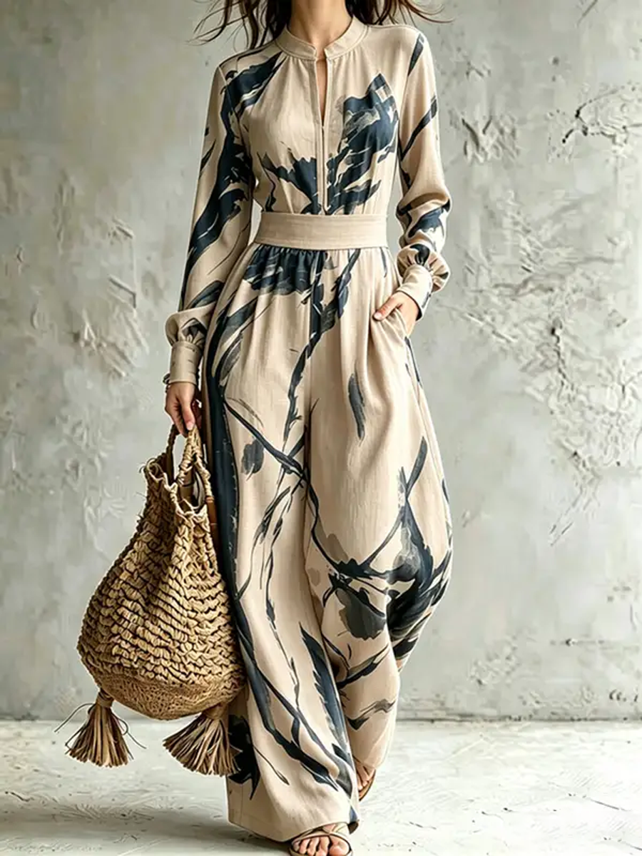 Zipper Printed Pockets Contrast Color Wide Leg Loose V-neck Jumpsuits