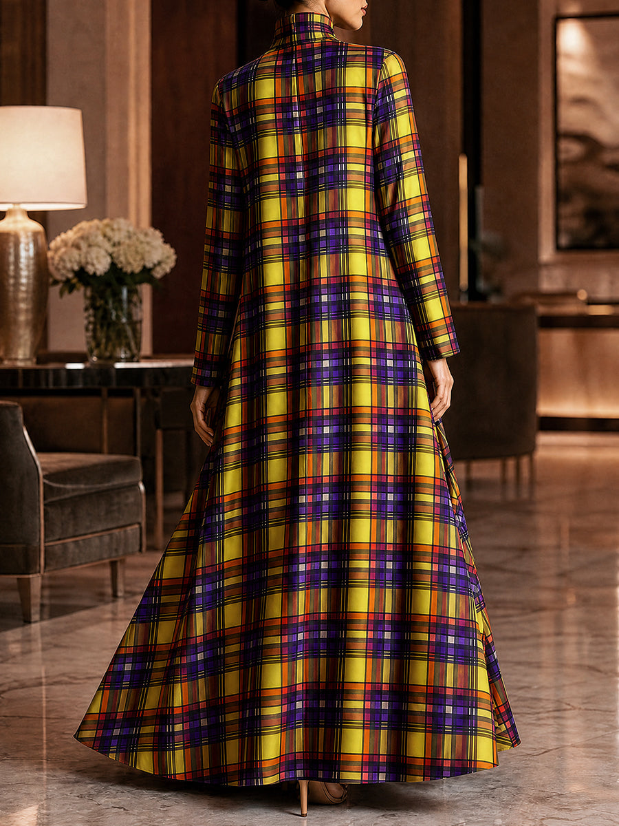 Zipper Pockets Plaid Contrast Color Big Hemline Long Sleeves A-line High-neck Maxi Dresses