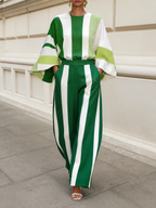 Striped Contrast Color Loose Long Sleeves Round-neck Blouses&shirts Tops