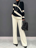 Long Sleeves Loose Contrast Color High Neck Sweater Tops