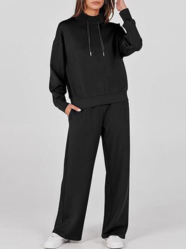 High Waisted Long Sleeves Drawstring Split-Joint Sweatshirt + Pants/Trousers Two Pieces Set