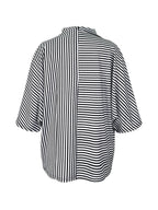 Loose Three-Quarter Sleeves Figure Printed Split-Joint Striped Stand Collar T-Shirts