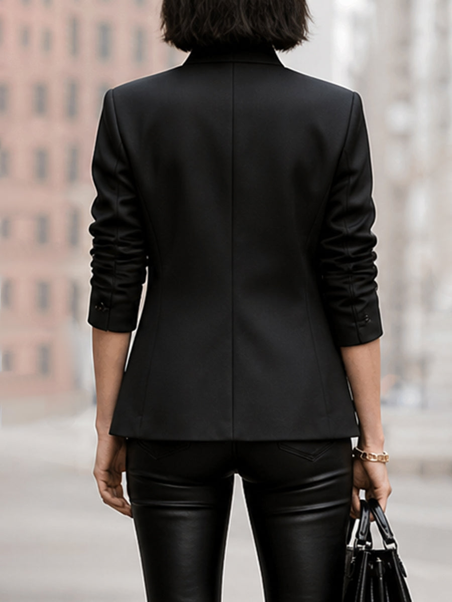 Solid Color Buttoned Asymmetric Three-quarter Sleeves Stand Collar Outerwear