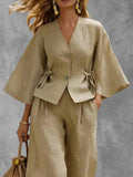 Tied Solid Color Buttoned Three-Quarter Sleeves Loose V-Neck Blouses&Shirts Tops