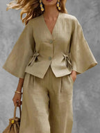 Tied Solid Color Buttoned Three-Quarter Sleeves Loose V-Neck Blouses&Shirts Tops