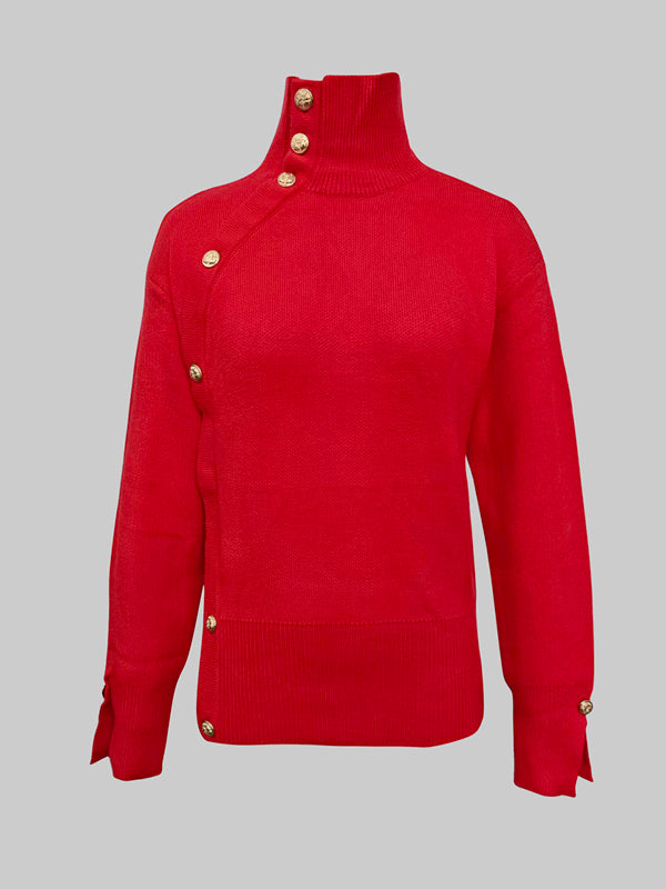 Long Sleeves Loose Beaded Solid Color Split-Side High Neck Sweater Tops