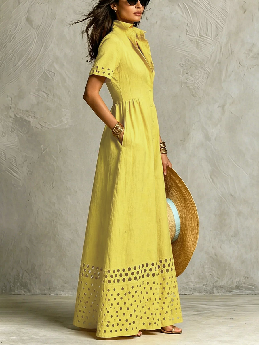 Split-Front Solid Color Pockets Hollow Elasticity Buttoned Short Sleeves Loose Lapel Maxi Dresses