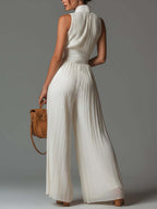High Waisted Sleeveless Pleated Solid Color Zipper V-Neck Jumpsuits