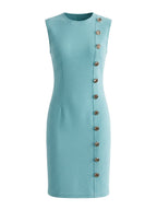 Bodycon Sleeveless Buttoned Solid Color Round-Neck Midi Dresses