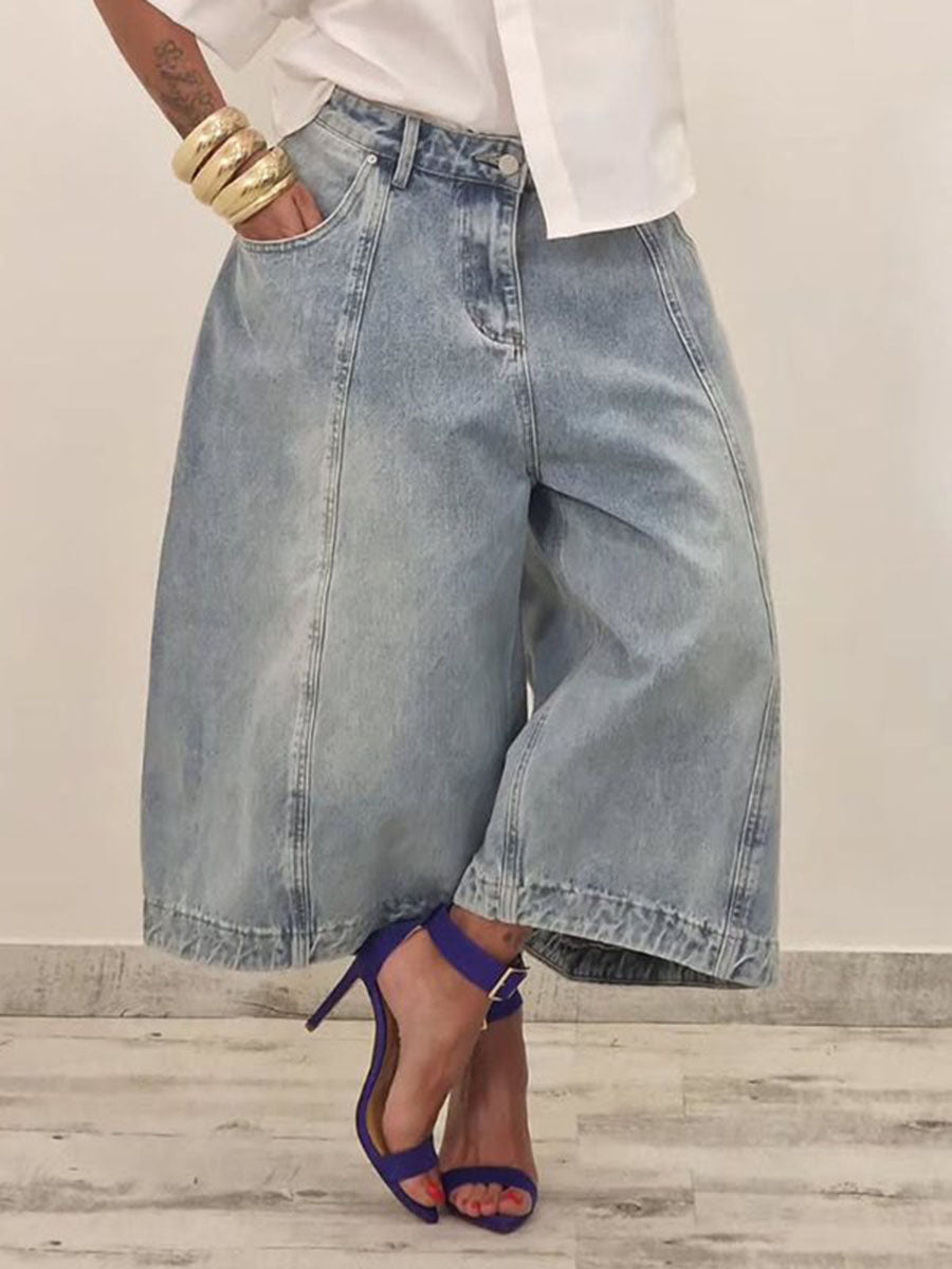 Zipper Solid Color Pockets Buttoned Wide Leg Loose Jean Pants Bottoms