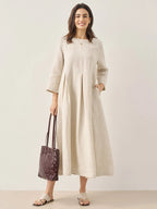 100% Linen Bateau Neck Pleated Maxi Dress