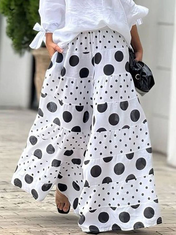High Waisted Loose Contrast Color Elasticity Pockets Polka-Dot Split-Joint Pants Trousers
