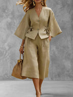 Tied Solid Color Buttoned Three-Quarter Sleeves Loose V-Neck Blouses&Shirts Tops