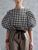 Split-Joint Printed Houndstooth Contrast Color Puff Sleeves Loose Boat Neck Blouses&shirts Tops