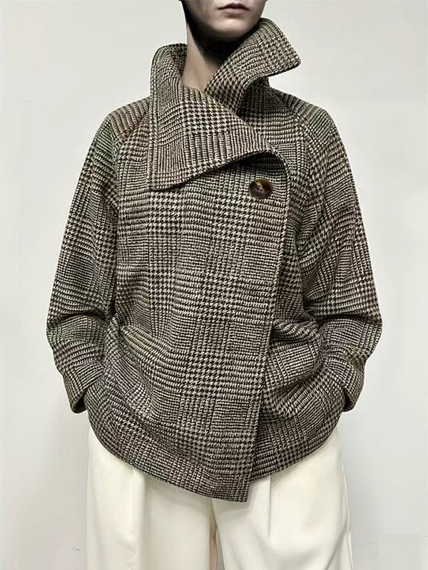 Long Sleeves Loose Asymmetric Houndstooth Plaid Stand Collar Jackets Outerwear