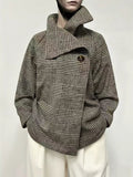 Long Sleeves Loose Asymmetric Houndstooth Plaid Stand Collar Jackets Outerwear