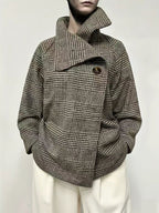 Long Sleeves Loose Asymmetric Houndstooth Plaid Stand Collar Jackets Outerwear