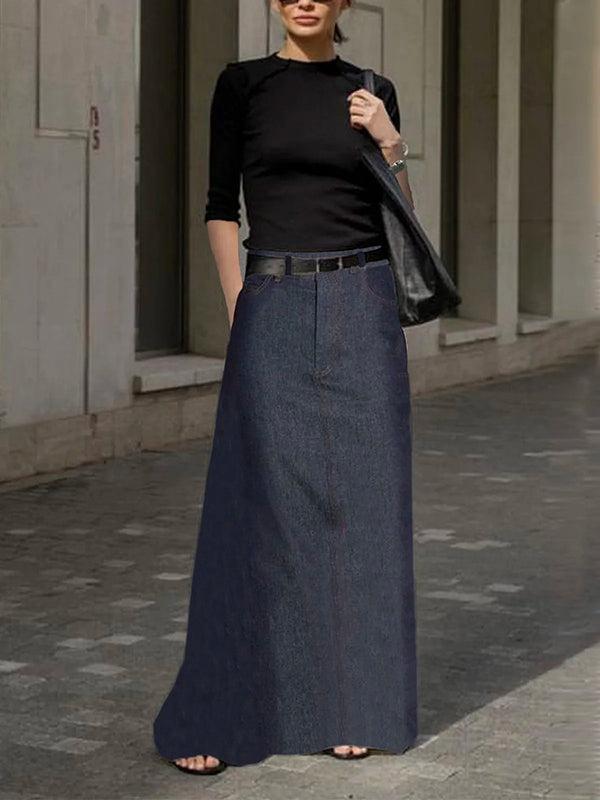 Solid Color Pockets No Belt Loose Skirts Bottoms