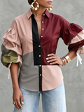 Tied Split-Joint Elasticity Contrast Color Buttoned Three-quarter Sleeves Puff Sleeves Lapel Blouses&shirts Tops