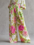 Pockets Pleated Flower Print Elasticity Contrast Color Wide Leg Loose Trousers Pants