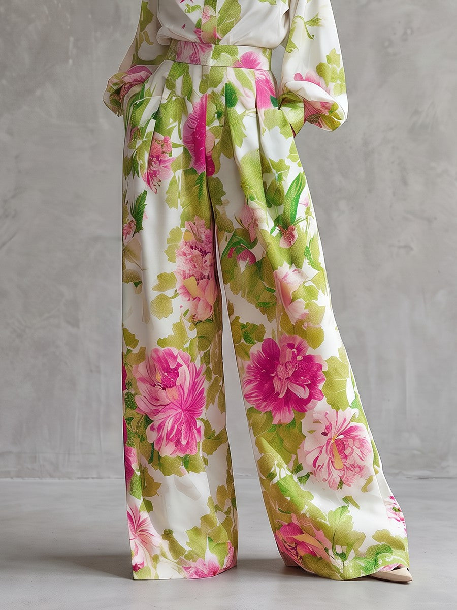 Pockets Pleated Flower Print Elasticity Contrast Color Wide Leg Loose Trousers Pants