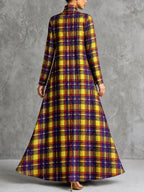 Zipper Pockets Plaid Contrast Color Big Hemline Long Sleeves A-line High-neck Maxi Dresses