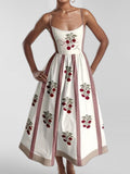 Elasticated Waist High Waisted Contrast Color Pleated Printed Split-Joint Spaghetti-Neck Midi Dresses