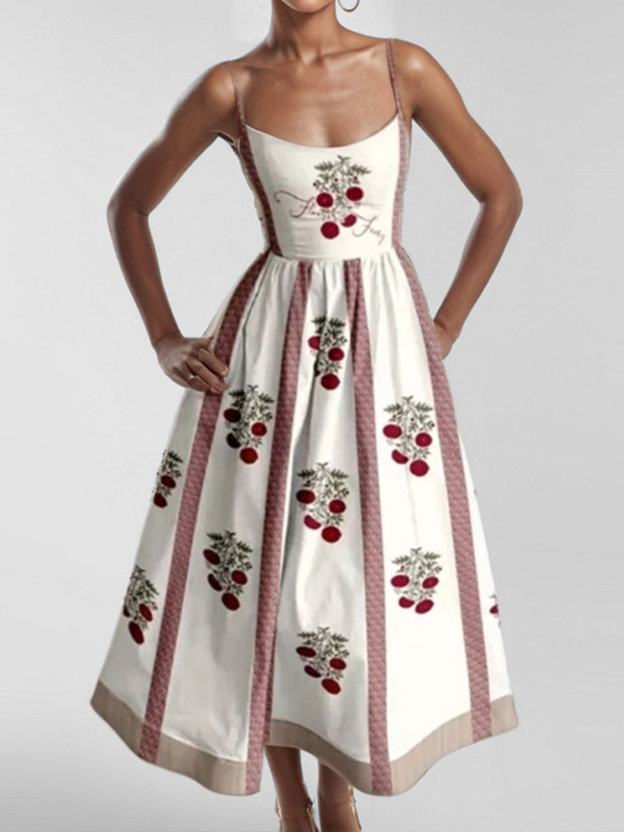 Elasticated Waist High Waisted Contrast Color Pleated Printed Split-Joint Spaghetti-Neck Midi Dresses