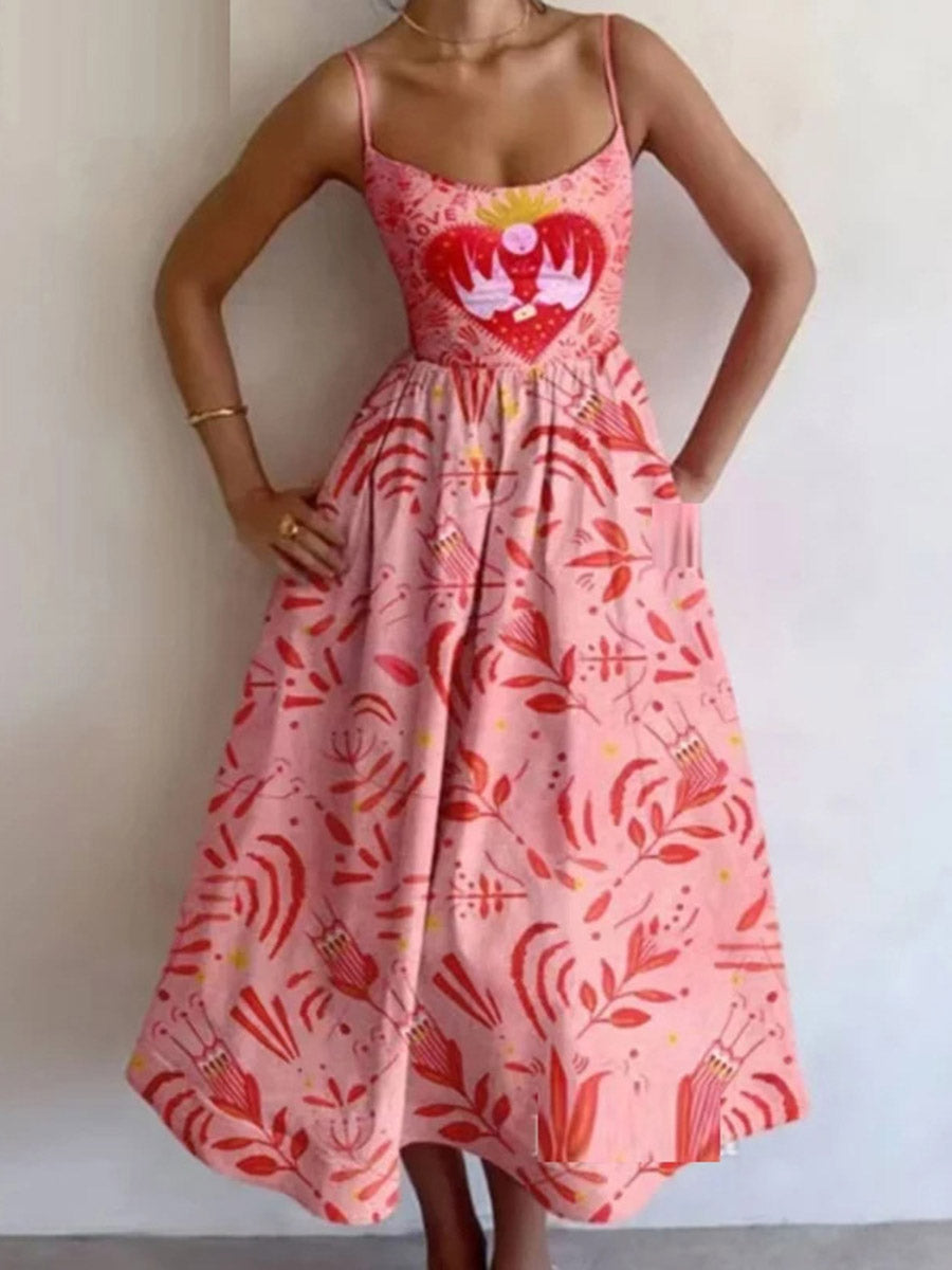 Elasticated Waist High Waisted Contrast Color Pleated Printed Split-Joint Spaghetti-Neck Midi Dresses